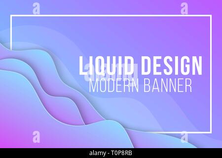Liquid design web banner. Abstract modern cover. Flat geometric shapes on light background. Blue purple waves in frame. Background for your project. V Stock Vector