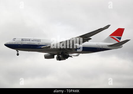 London, UK. 21st Mar, 2019. The British Airways Boeing 747 G-CIVB arrives from the workshop in Dublin in its freshly painted retro look Negus colour scheme. Credit: Uwe Deffner/Alamy Live News Stock Photo