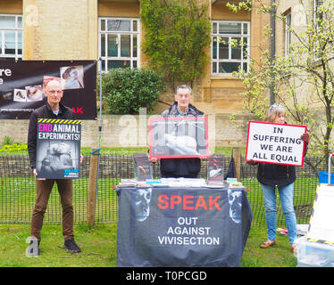 Oxford, UK. 21st Mar 2019. SPEAK animal rights campaigners protesting in South Parks Road. SPEAK was set up 15 years ago this month to protest against a new animal testing centre at the University of Oxford, the Biomedical Sciences Building, which opened in 2008. Following a two-year High Court battle, which ended in 2008, the university won an injunction meaning campaigners can only protest on Thursdays between 1pm and 4pm in a small designated area. They are also gearing up for a protest in Oxford on April 27th for World Day for Animals in Laboratories. Credit: Angela Swann/Alamy Live News Stock Photo