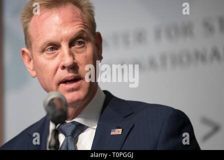 Acting U.S. Secretary of Defense Patrick Shanahan addresses the Center for Strategic and International Studies March 20, 2019 in Washington, D.C. Shanahan is under investigation by the Pentagon Inspector General for allegedly advocating improperly on behalf of his former employer, Boeing Corporation.