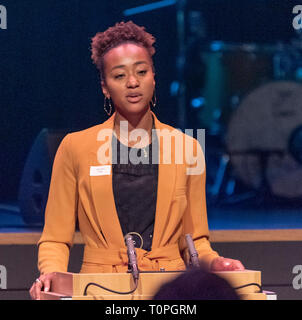 Lausanne, Switzerland. 21st March, 2019. Sarah Atcho (Lausanne athlete) who is testifying at the 13th day of anti-racism action that occurred at the BCV Concert Hall in Lausanne, Switzerland on the 21st March, 2019. Credit: Eric Dubost/Alamy Live News Stock Photo