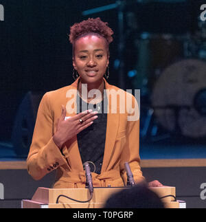 Lausanne, Switzerland. 21st March, 2019. Sarah Atcho (Lausanne athlete) who is testifying at the 13th day of anti-racism action that occurred at the BCV Concert Hall in Lausanne, Switzerland on the 21st March, 2019. Credit: Eric Dubost/Alamy Live News Stock Photo