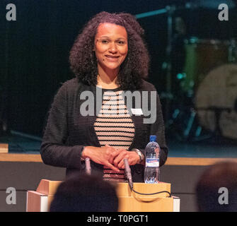 Lausanne, Switzerland. 21st March, 2019. Geneviève Swedor (Former University basketball player in the USA (UC Berkeley) who is testifying at the 13th day of anti-racism action that occurred at the BCV Concert Hall in Lausanne, Switzerland on the 21st March, 2019. Credit: Eric Dubost/Alamy Live News Stock Photo