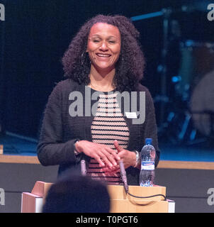 Lausanne, Switzerland. 21st March, 2019. Geneviève Swedor (Former University basketball player in the USA (UC Berkeley) who is testifying at the 13th day of anti-racism action that occurred at the BCV Concert Hall in Lausanne, Switzerland on the 21st March, 2019. Credit: Eric Dubost/Alamy Live News Stock Photo