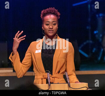 Lausanne, Switzerland. 21st March, 2019. Sarah Atcho (Lausanne athlete) who is testifying at the 13th day of anti-racism action that occurred at the BCV Concert Hall in Lausanne, Switzerland on the 21st March, 2019. Credit: Eric Dubost/Alamy Live News Stock Photo