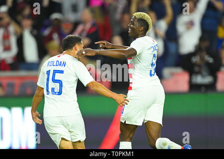 Orlando, Florida, USA. 21st Mar, 2019. US forward Christian Ramirez (15) and US forward Gyasi Zardes (9) celebrate Zardes' goal during an international friendly between the US and Ecuador at Orlando City Stadium on March 21, 2019 in Orlando, Florida. The US won the game 1-0. © 2019 Scott A. Miller. Credit: Scott A. Miller/ZUMA Wire/Alamy Live News Stock Photo