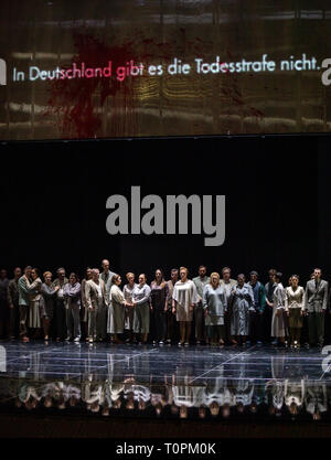 Erfurt, Germany. 20th Mar, 2019. Singers and choirs rehearse at the Theater Erfurt 'Dead Man Walking'. The opera on the question of how to deal with a guilty murderer sentenced to death will premiere at the Theater Erfurt on 23 March 2019. Credit: Michael Reichel/dpa-Zentralbild/dpa/Alamy Live News Stock Photo