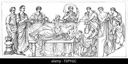 ancient world, Roman Empire, mortuary practices, dirge, after relief on a sarcophagus, 2nd / 3rd century, death, dead person, dead persons, decedent, the deceased, decedents, deceased person, woman, women, family, families, Roman, Romans, musician, musicians, music, citizen, citizens, Imperial Era, Imperium Romanum, ancient world, ancient times, mortuary practices, cult of the dead, dirge, lament, sarcophagus, sarcophagi, historic, historical, Additional-Rights-Clearance-Info-Not-Available Stock Photo