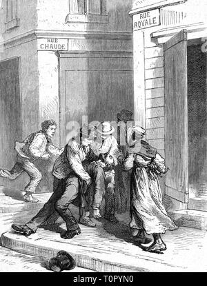 Franco-Prussian War 1870 - 1871, politics, death of the publisher of the journal 'Union Liberale', Tours, January 1871, contemporary wood engraving, Franco - Prussian War, France, street, streets, dying, die, 19th century, people, politics, policy, historic, historical, Additional-Rights-Clearance-Info-Not-Available Stock Photo
