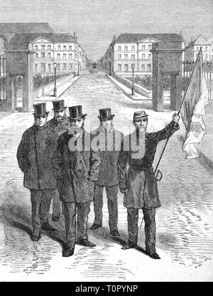 Franco-Prussian War 1870 - 1871, surrender by Tours by the mayor to the German troops, 19.1.1871, contemporary wood engraving, Franco - Prussian War, France, capitulation, flag of truce, 19th century, people, mayor, mayors, historic, historical, Additional-Rights-Clearance-Info-Not-Available Stock Photo