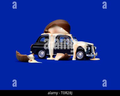 Taxi with broken chocolate egg on top Stock Photo