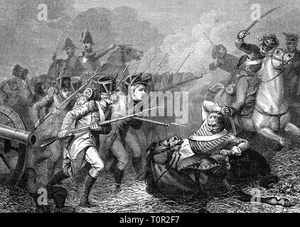 War of the Sixth Coalition 1812 - 1814, Battle of Luetzen, 2.5.1813, French infantry attacks Prussian hussars, wood engraving, late 19th century, Battle of Lützen, wars, war of liberation, liberation war, spring campaign, Napoleonic Wars, soldiers, soldier, French, Prussian, Prussians, cavalry, cavalries, attack, attacking, attacks, fight, fights, France, first empire, crowd, crowds, crowds of people, reach, reaching, historic, historical, Additional-Rights-Clearance-Info-Not-Available Stock Photo