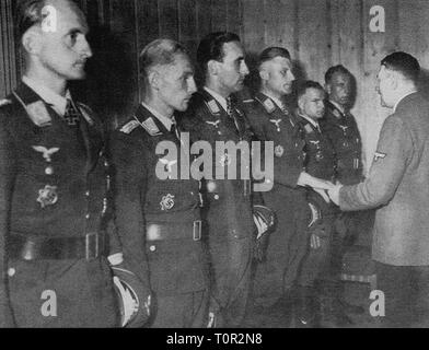 events, Second World War / WWII, aerial warfare, persons, officers of the Luftwaffe receiving different grades of the Knight's Cross from Adolf Hitler, Rastenburg, August 1944, Additional-Rights-Clearance-Info-Not-Available Stock Photo