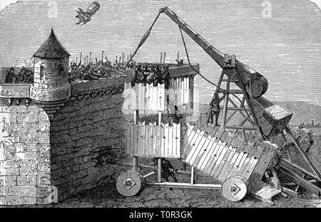 military, machinery of war, siege tower with drawbridge, wood engraving ...