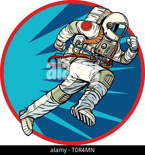 astronaut runs forward round logo symbol icon. Pop art retro vector illustration vintage kitsch Stock Vector