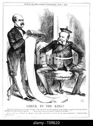 Austro-Prussian War1866, caricature, Prime Minister Otto von Bismarck reading to king William I.the protest resolution of the Cologne citizens, 'Check to the King', drawing, 'Punch', London, 2.6.1866, satire, caricature, caricatures, cartoon, cartoons, British press, Great Britain, United Kingdom, Kingdom of Prussia, protest, protests, peace adress, resolution, resolutions, Cologne, politics, policy, people, men, man, male, manly, full length, 19th century, historic, historical, Austro Prussian, Additional-Rights-Clearance-Info-Not-Available Stock Photo