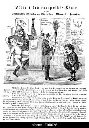 Austro-Prussian War 1866, caricature, 'Scene from the European school, or schoolmaster William and supply teacher Bismarck at work', drawing, 'Folkets Nisse', Copenhagen, 28.7.1866, satire, caricature, caricatures, cartoon, cartoons, Danish press, Denmark, politics, policy, people, men, man, male, manly, king William I of Prussia, Prime Minister Otto von Bismarck, emperor Franz Joseph I of Austria, emperor Napoleon III, France, Europe, teacher, teachers, pupil, student, pupils, students, punish, punishing, punishment, punishments, 19th century, h, Additional-Rights-Clearance-Info-Not-Available Stock Photo