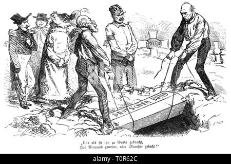 politics, German Confederation (1815-1866), caricature, the German confederation is buried by King William I of Prussia and Prime Minister Otto von Bismarck, drawing, 'Figaro', Vienna, 11.8.1866, Additional-Rights-Clearance-Info-Not-Available Stock Photo