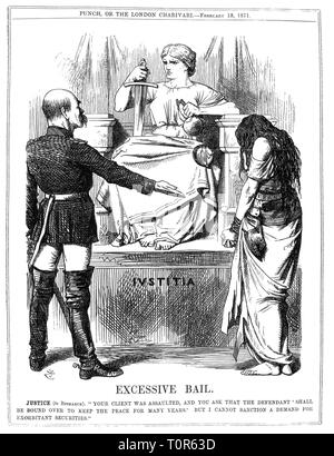 Franco-Prussian War 1870 - 1871, caricature, Otto von Bismarck and the enchained France in front of the British Lady Justice, 'Excessive Bail', drawing by John Tenniel, 'Punch', London, 18.2.1871, satire, caricature, caricatures, cartoon, cartoons, British press, Great Britain, United Kingdom, German - French, Prime Minister of the North German confederation, Germany, people, claim, demands, security demand, negotiations, treaty of Versailles, chains, chain, captivated, justice, 19th century, historic, historical, Additional-Rights-Clearance-Info-Not-Available Stock Photo