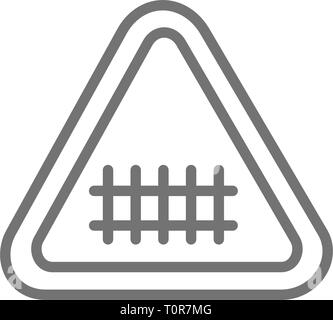 Train road attention sign, railroad tracks line icon. Stock Vector