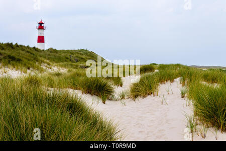 Lighthouse List-Ost inside a Dune Landscape with grass and sand. Panoramic view on a clear day. Located in List auf Sylt, Schleswig-Holstein, Germany Stock Photo