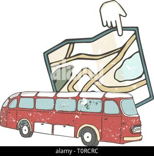 Vector illustration hand deawn flat icon of lbus with map. Navigator style for travel. Grunge texture. Bus pont for tourism Stock Vector