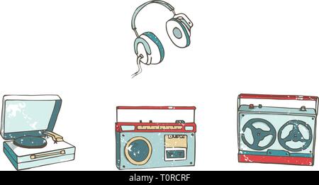 Vintage audio players. Music record. Cartoon in retro style with grunge textures and rust effect. Hand drawn clip art Stock Vector