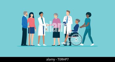 Professional caregivers and doctors meeting and supporting senior citizens and their families, senior care and medical assistance concept Stock Vector