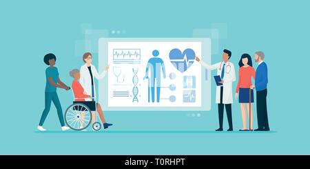 Professional medical team examining senior patients using medical apps on a digital tablet, they are checking their medical records and health Stock Vector