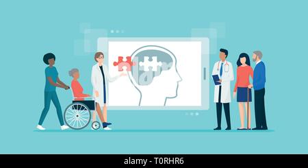 Professional medical team helping senior patiens with Alzheimer's disease, senior care and assistance concept Stock Vector