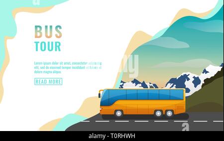 Landing page design, banner with bus tour, tourism concept, yellow bus on road, beautiful sky and mountains, vector Stock Vector