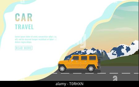 Landing page design, banner with jeep car travel, tourism concept, yellow car on road, beautiful sky with stars, summer holiday, vector Stock Vector