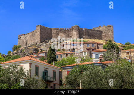 MOLYVOS, LESVOS ISLAND, GREECE Panoramic view of Molyvos village with its medieval castle. Stock Photo