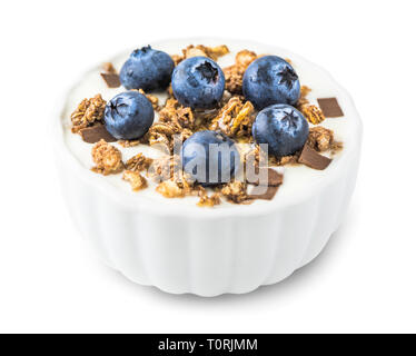 Bowl of Yogurt with Blueberries and Muesli Isolated on White Background Stock Photo