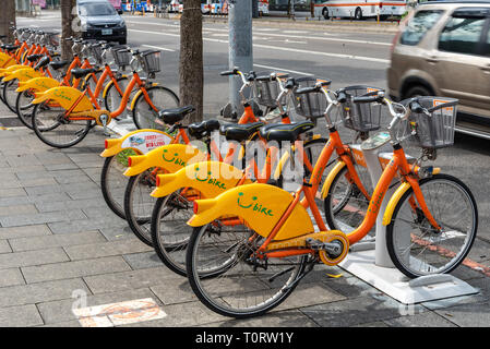 Ubike ( YouBike ) station. Ubike is a popular network of rental bicycle in Taipei. A bike sharing system service used by citizens as short-distance tr Stock Photo