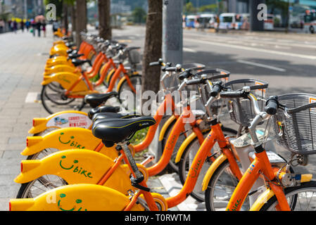 Ubike ( YouBike ) station. Ubike is a popular network of rental bicycle in Taipei. A bike sharing system service used by citizens as short-distance tr Stock Photo