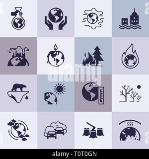 Set of vector icons on the theme of ecology, global warming and ecology problems of our planet as a whole. Stock Vector