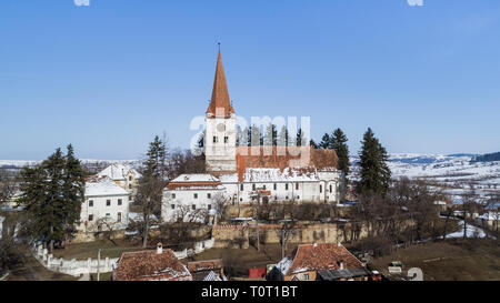 aerial view of Cincu medieval church. Brasov county.  Transylvania, Romania Stock Photo