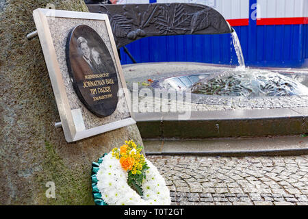 The River of Life’ in Bridge Street. A wreath has been laid by the Mayor of Warrington to mark the 26th anniversary of the Warrington Bombing Stock Photo