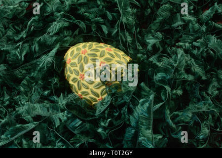 Yellow and green Easter egg in grass nest of green ribbon yarn Stock Photo