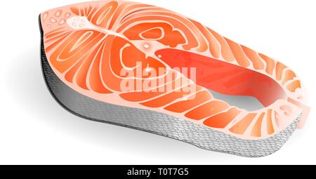 Salmon steak vector illustration. Piece of red fish lying on white background. Realistic raw seafood. Stock Vector
