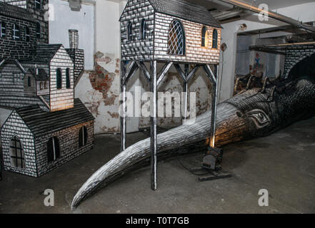 Local artist 'Phlegm' is showing his latest creation called 'Mausoleum of the Giants' at the Eye Witness Works, Sheffield  until 6th April 2019. Stock Photo