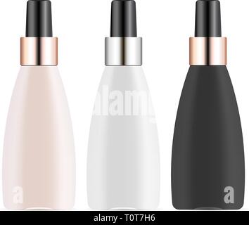 Vector 3d realistic set of cosmetic oil bottles, silver and gold with black caps, plastic or glass. Mock-up for product package branding. Stock Vector