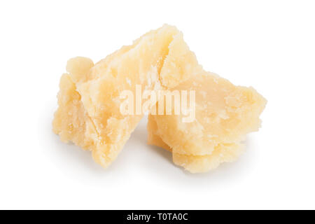 Parmesan cheese pieces isolated on white background. Closeup. Stock Photo