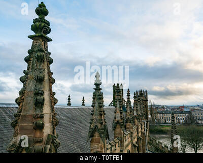 Rooftop view or spires of Metropolitan Curia of Archdiocese of Glasgow overlooking Clyde River, Scotland, UK Stock Photo