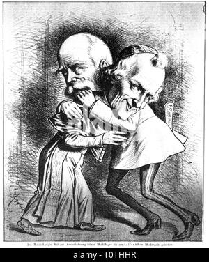 politics, Kulturkampf, caricature, Otto von Bismarck and Pope Leo XIII are embracing each other, 'Election measures of Bismarck', drawing, 'Humoristische Blätter', Vienna, 13.2.1887, Additional-Rights-Clearance-Info-Not-Available Stock Photo