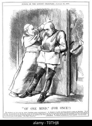 politics, Anti-Socialist Law, caricature, Otto von Bismarck and Pope Leo XIII are keeping the door closed, 'One mind (for once), drawing by John Teniel, 'Punch', London, 25.1.1879, Additional-Rights-Clearance-Info-Not-Available Stock Photo