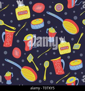 seamless hand drawn pattern of frying pan with kettle and other kitchen appliances and utensils Stock Vector
