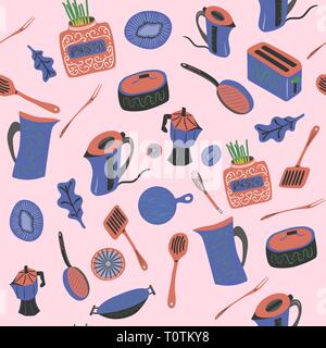 Bright and happy seamless pattern of kitchen stuff - hand drawn illustration Stock Vector