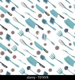 Cleavers with knifes and other kitchen untensils seamless pattern - hand drawn illustration Stock Vector